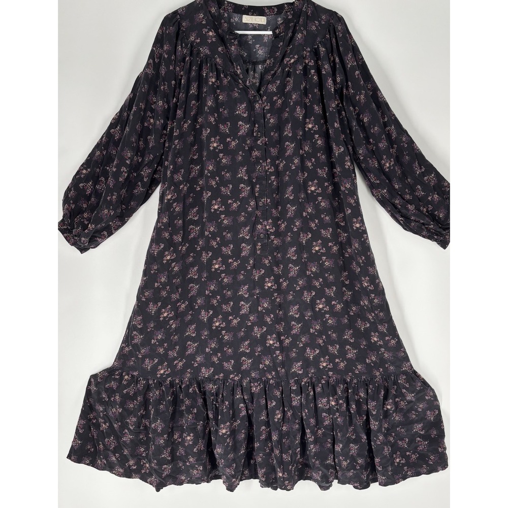 Suzie Kondi Easy Dress L Black Floral Silk Tiered Midi Boho Oversized Pockets - Picture 2 of 14